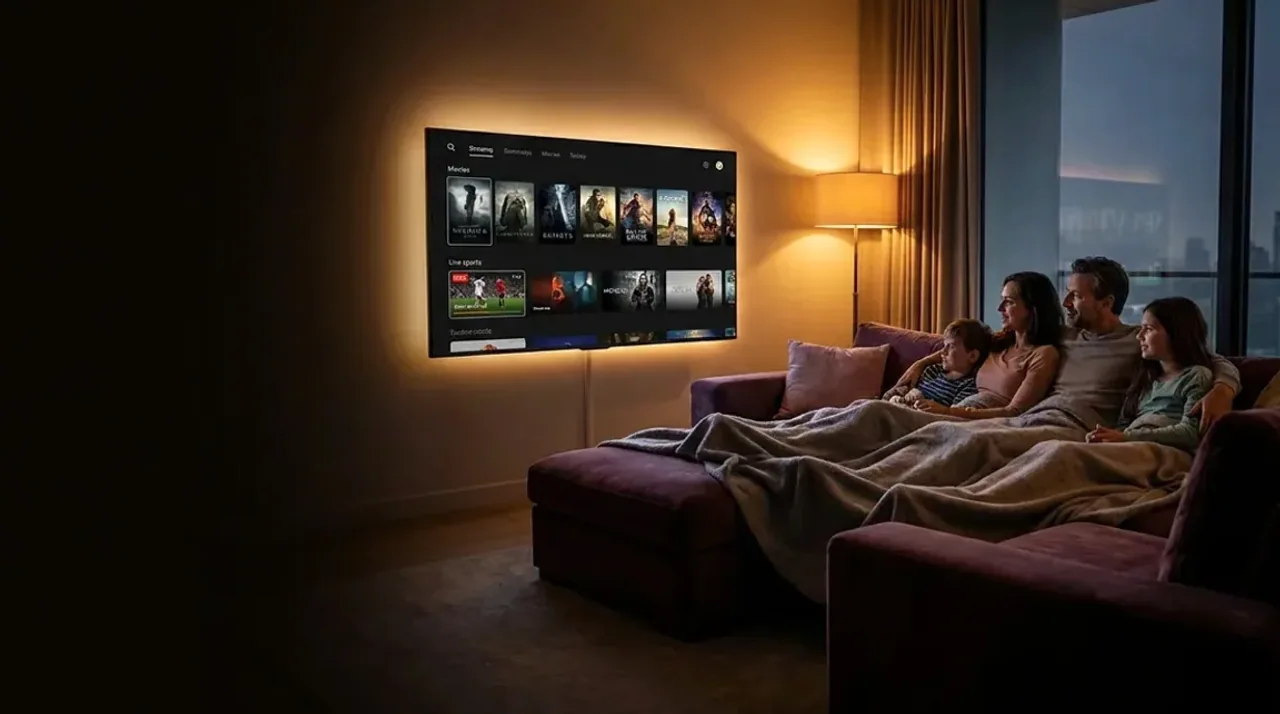 A household watching a large screen together in a modern living room at night