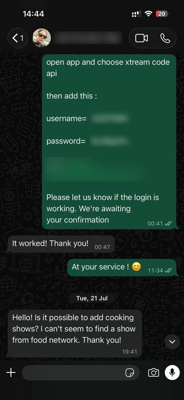 WhatsApp thread: subscription login details are sent, and the buyer replies that it worked.